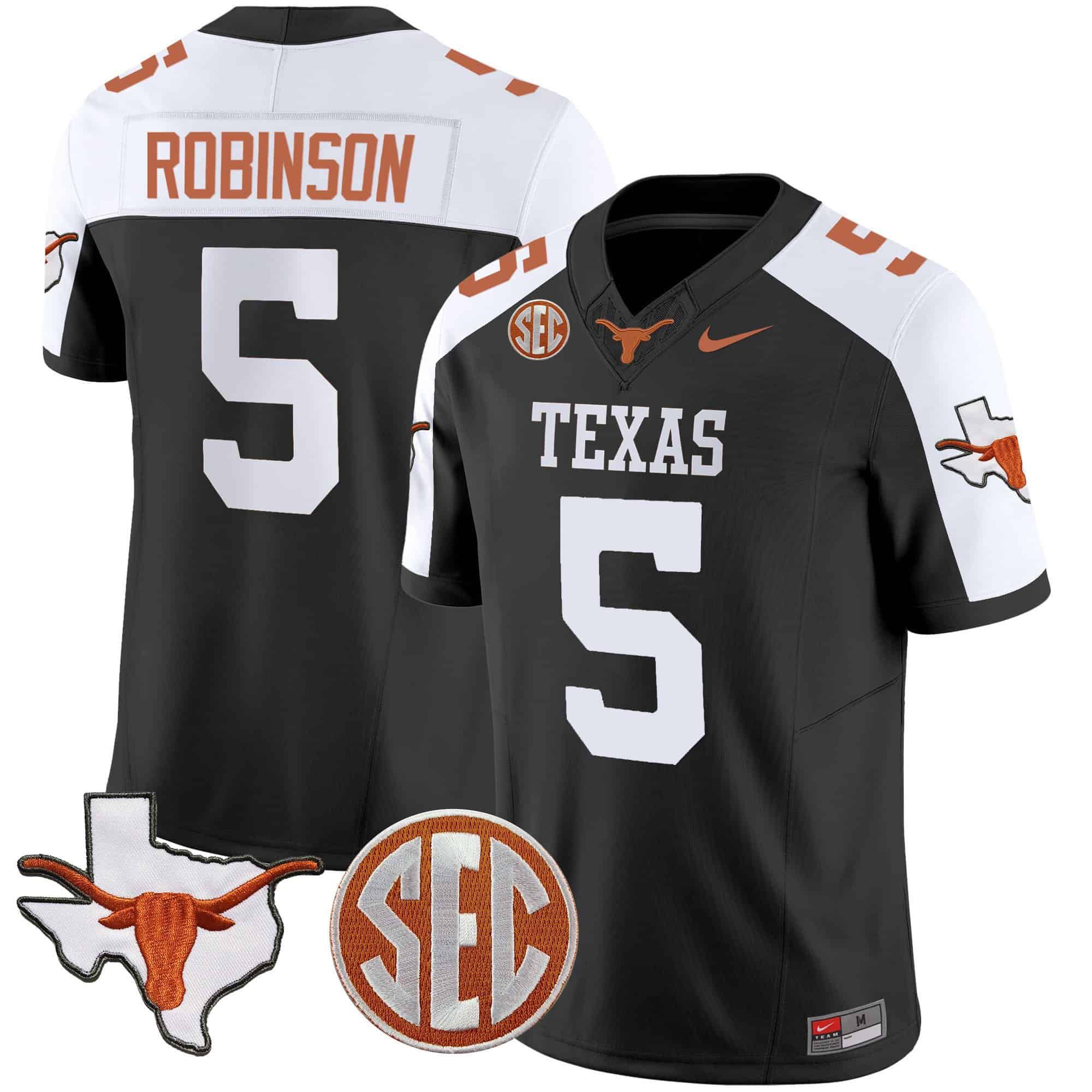 Men Texas Longhorns 5 Robinson Black 2024 Nike State Map & SEC Patch Vapor NCAA Jersey
